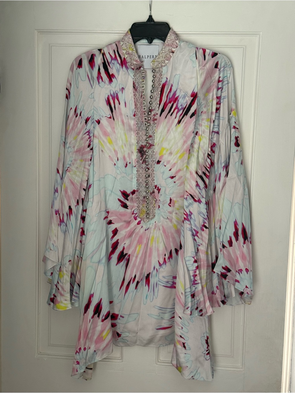 Beaded Floral Print Tunic/Kaftan in Pink & White